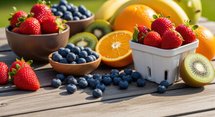 A variety of fresh fruits including strawberries, blueberries, bananas, oranges and kiwi are arranged on a wooden table outdoors.