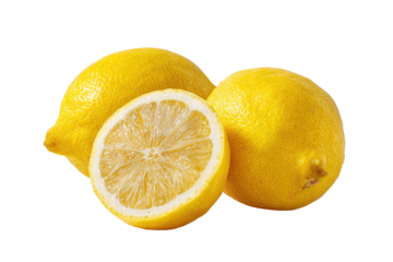 Three lemons, one sliced, showcasing juicy inner flesh