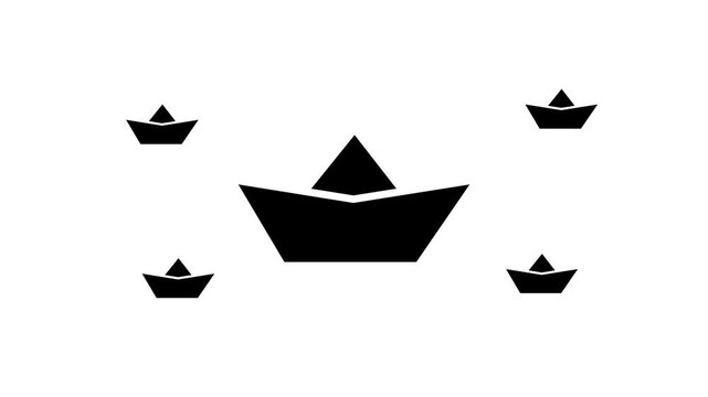 Zoom in and out animation the paper boat symbol. Large black symbol in the center and four small symbols around. Seamless looped 4k animation on white background