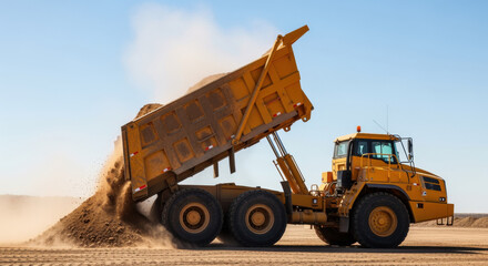 A large yellow dump truck is unloading soil onto a dusty landscape under a clear blue sky.