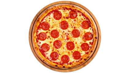 Pepperoni pizza round, cheesy, and mouthwatering on wood