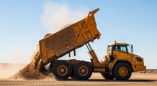 A large yellow dump truck is unloading soil onto a dusty landscape under a clear blue sky.