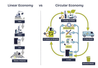 Circular vs linear economy concept contrasts take-make-waste with looped reuse, repair, recycle, highlights arrows, recycle bin, factory. Doodle style diagram