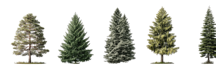 Five evergreen trees, varied shapes, isolated