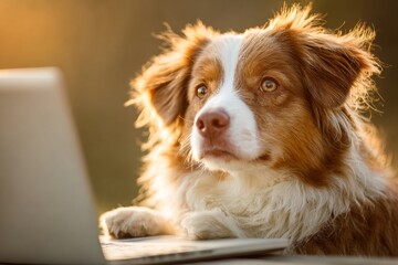 Fearful dog's human-like laptop adventure. Speedy connection tools. Modern data transmission opens new paths for global communication. Dog habits. Dog gaze.