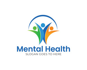 Mental health logo isolated on white background featuring three stylized figures with raised arms forming a semicircle, symbolizing unity, support, and wellbeing in a vibrant design