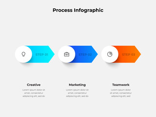Process Infographic with 3 Steps. Arrow Diagram for Business Workflow, Marketing Strategy, and Teamwork Visualization