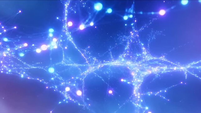 Seamless 4K ultra-realistic looping animation of a futuristic flowing data network plexus. Billions of luminous particles, nodes, and connecting filaments drift and weave through a vast 3D digital spa