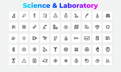 Science and Laboratory Line Icons Set. Chemistry, Biology, Physics, Research, Experiment, Education, and Medical Outline Symbols Collection for Infographics and Presentations