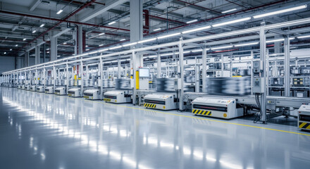 Fototapeta premium Automated guided vehicles transport materials along a conveyor system in a modern, brightly lit factory.