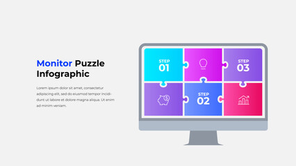 Monitor Puzzle Infographic. Business Strategy Diagram for Data Analysis, Management, and Process Visualization in Gradient Colors