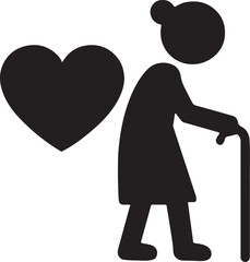 Elderly health care icon with heart and senior person in silhouette style for medical design.
