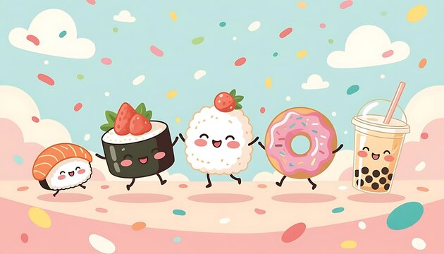 Smiling kawaii sushi, donuts, and bubble tea dancing together