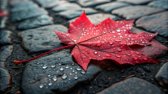 Bright red maple leaf wet with raindrops resting on cobblestone path during autumn afternoon in a tranquil outdoor setting