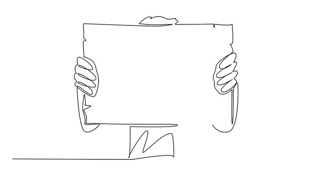 Animation of continuous one line drawing person holding treasure map sheet with map image facing forward. Excitement National Scavenger Hunt Day. Single line self drawing animated. Full length motion