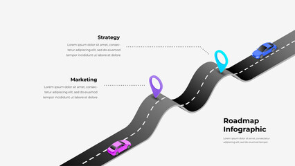 3D Roadmap Infographic Template. Business Strategy and Marketing Path Illustration with Cars, Milestones, and Location Markers for Presentation and Planning Design