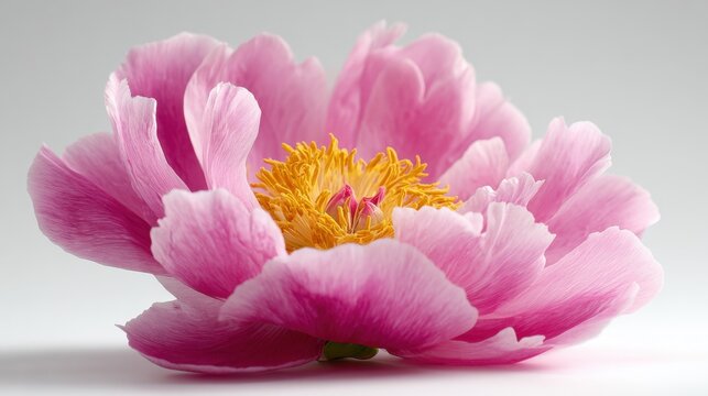 A stunning pink peony flower reveals layers of soft petals and a bright golden center shining gently.