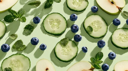 Fresh fruit and vegetable slices, mint leaves, and blueberries arranged on a pale green background