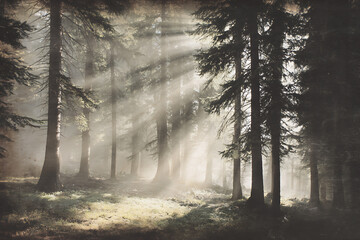 Enchanting sunbeams filter through the misty forest, illuminating the tranquil scene and evoking a sense of peace and wonder in nature's embrace