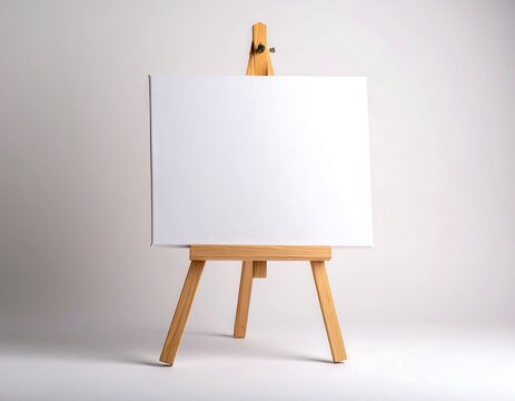 A wooden easel holding a blank white canvas, ready for artwork
