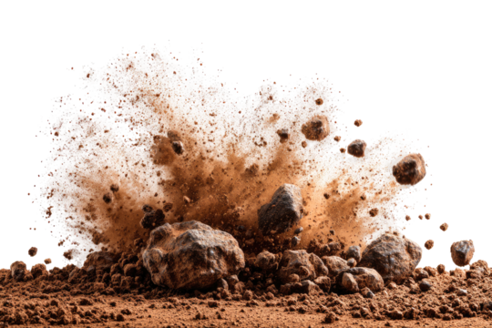 Brown, dirty cloud erupting rocks in a ground explosion