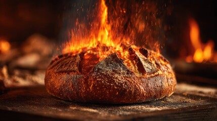 A round loaf of bread bakes in a fiery oven glowing with intense warmth and inviting aroma.