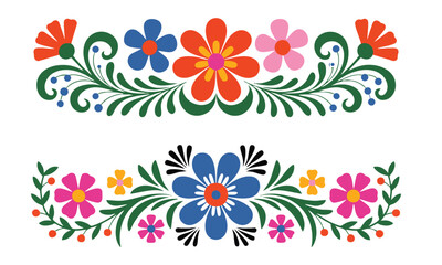 Colorful Folk Art Floral Borders Set, Vibrant Mexican/Slavic Style Flower Garland, Traditional Embroidery/Talavera Style Floral Elements, Brightly Colored Decorative Flower Dividers, vector.