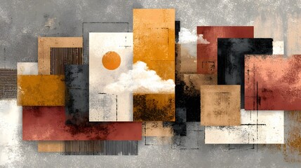 An abstract painting featuring a geometric composition of overlapping rectangular shapes in muted shades of orange red and white against a neutral background
