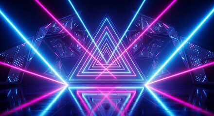 Hypnotic abstract neon triangular tunnel in vibrant blue and pink, creating a futuristic, psychedelic, and dynamic light background.