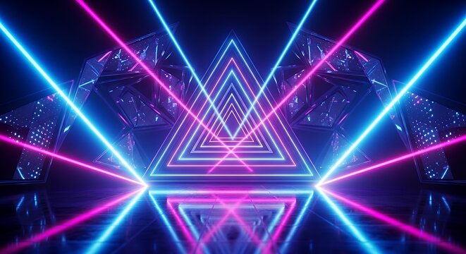 Hypnotic abstract neon triangular tunnel in vibrant blue and pink, creating a futuristic, psychedelic, and dynamic light background.