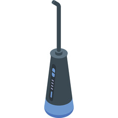 Isometric view of a gray and blue cordless water flosser dental hygiene device with a thin nozzle and indicator lights on a transparent background