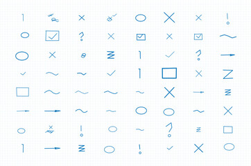 Simple hand drawn doodle symbols and marks set for annotation and interface design