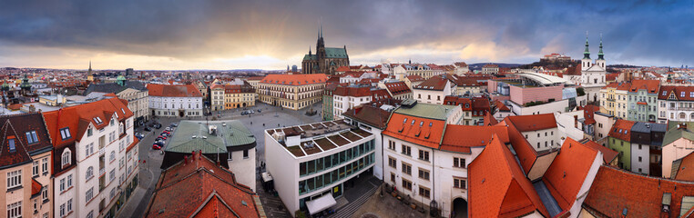 Panorama of Brno skyline with castle Spilberg, main square and cathedral Petrov at dramatic sunset....