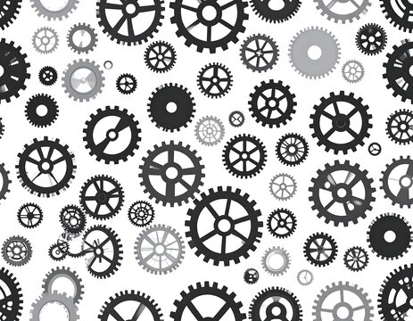 An abstract pattern featuring various gear shapes in monochrome tones - Powered by Adobe