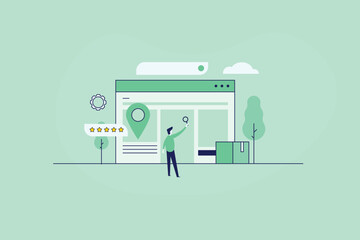 Web platform featuring  local maps visibility, star ratings and advance search, man navigating website.