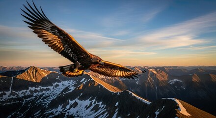 Golden Eagle in Flight Above Mountain Peaks
