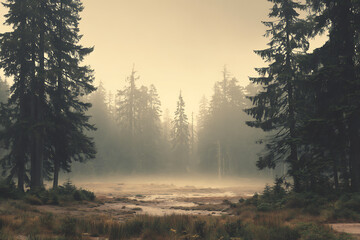 Misty forest landscape evoking mystery and serenity, perfect for nature lovers and atmospheric designs, a tranquil scene with evergreen trees