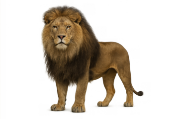 Lion standing in profile, facing camera, displaying powerful presence and wild nature on transparent background