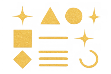 Gold glitter geometric shapes set with sparkling elements and abstract lines, transparent background for design