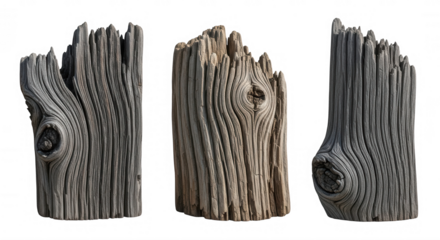 Weathered wood stumps with knots isolated on a transparent background