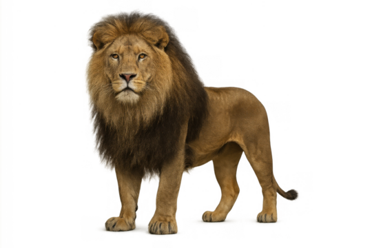 Lion standing in profile, facing camera, displaying powerful presence and wild nature on transparent background