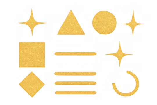 Gold glitter geometric shapes set with sparkling elements and abstract lines, transparent background for design