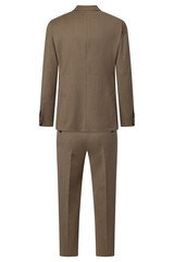 Back view of a stylish taupe suit jacket and pants for men