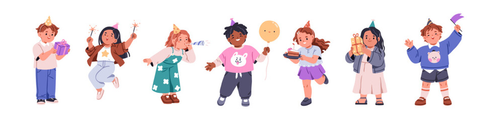 Fototapeta na wymiar Birthday kids with holiday gift, cake, party hat, balloon, sparklers and blower. Happy children celebrate, set. Girls and boys, celebration fun. Flat vector illustration isolated on white background