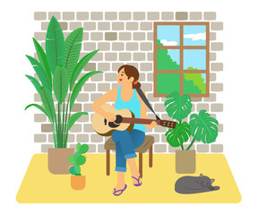 Singing while playing guitar in my room.