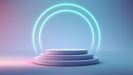 Futuristic Minimal Pedestal Display with Neon Circle Light on Soft Gradient Background for Product Showcase and Cosmetic Promotion or High Tech Products
