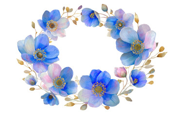 Floral wreath of blue, pink flowers with golden foliage