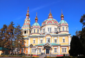 Ascension Cathedral, Orthodox cathedral of Almaty, Kazakhstan. Beautiful autumn scenic with wood church Zenkov Cathedral In Panfilov park, Almaty, Kazakhstan
