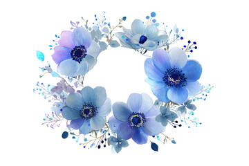 Blue-toned anemone flower wreath on dark, transparent field