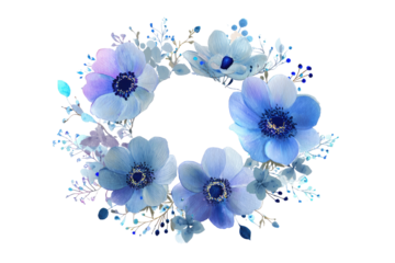Blue-toned anemone flower wreath on dark, transparent field